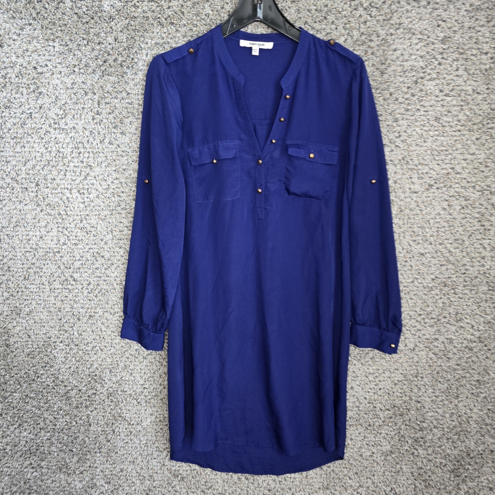 Daniel Rainn Dress Womens Large Blue Sheer Pockets Shirt Dress Long Sleeve