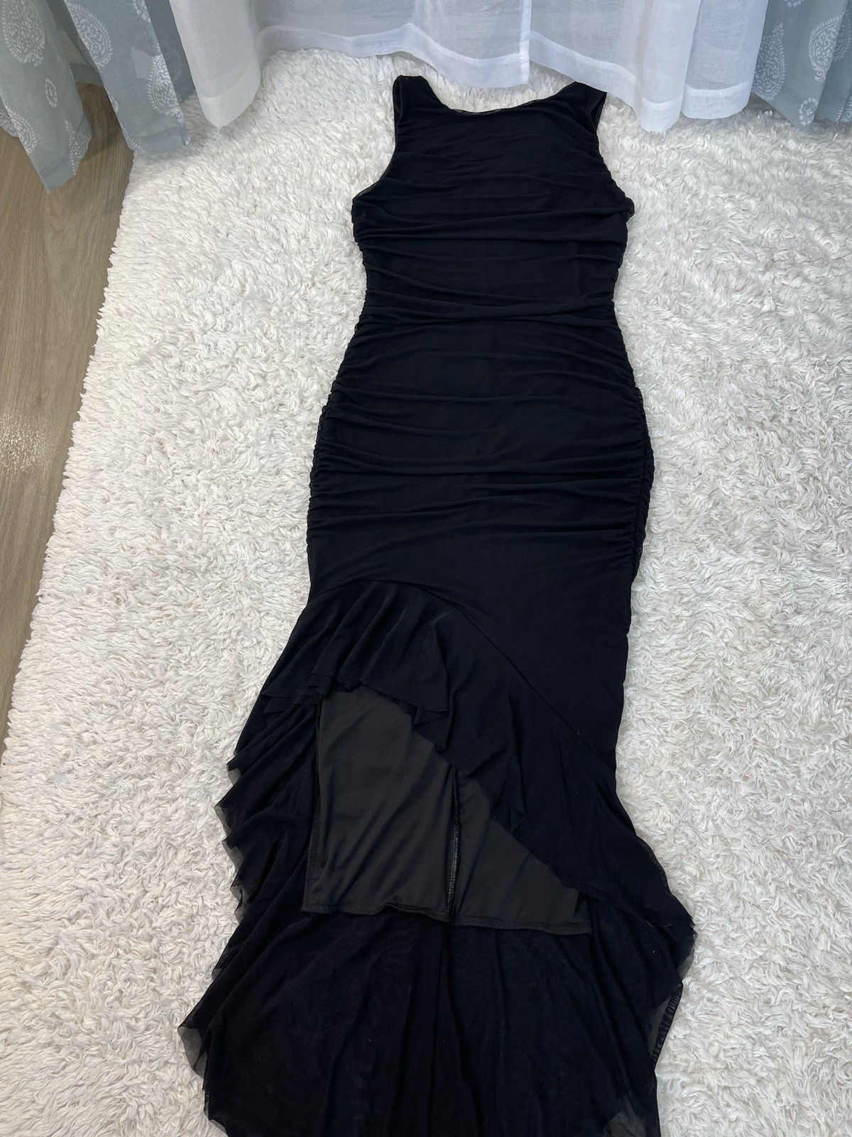 ZESICA Women’s Black Solid Ruched Sheer Mesh Ruffle Bodycon Midi Dress M