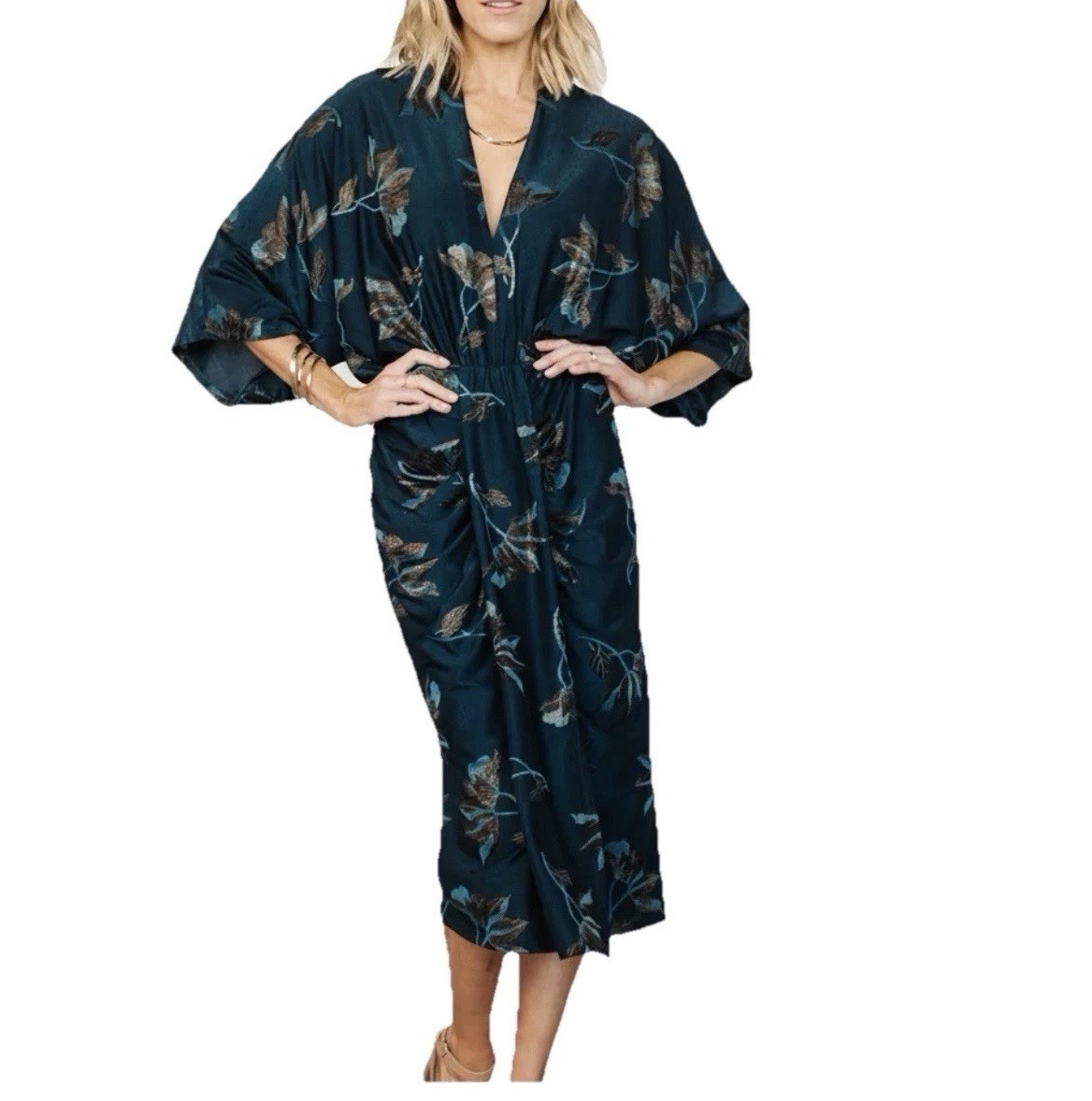 NWT Baltic Børn Shaneen Ruched Jade Midi Dress Size M Teal Gold V Neck Dolman