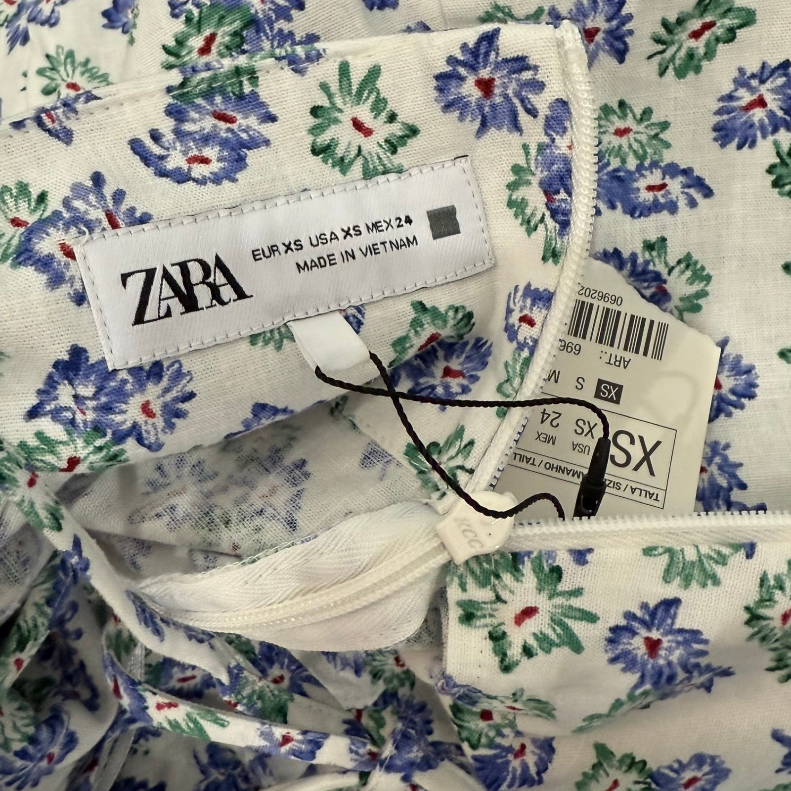 Zara White Blue Green Floral Cross Strap Front Slit Midi Dress size XS NEW Tags