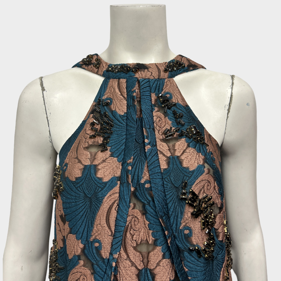 Emilia Wickstead Fall 2016 Teal And Copper Jacquard Print Dress with Black Sequi