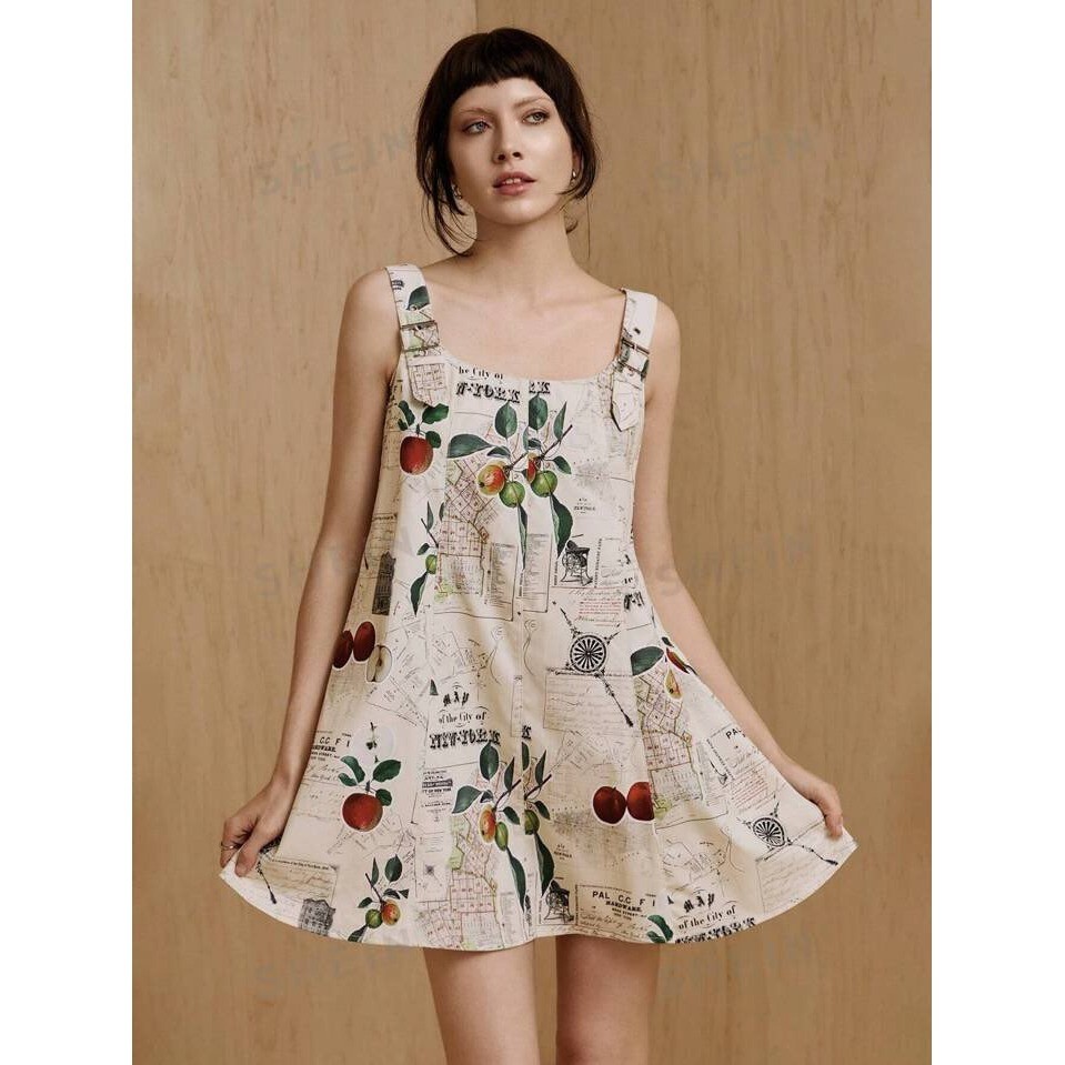 NYC Map Apple Print Pinafore Mini Dress Silver Buckle Straps Cream Sleeveless S