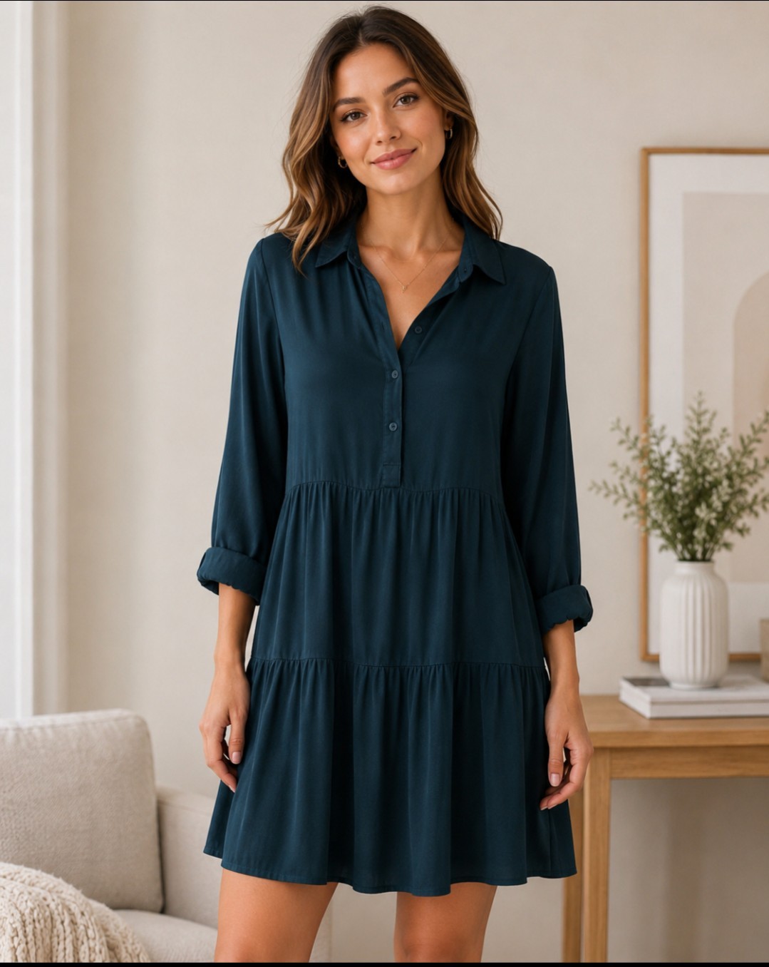YFB Womens M Dark Teal Flowy Tiered Shirt Dress Viscose Rayon NWT