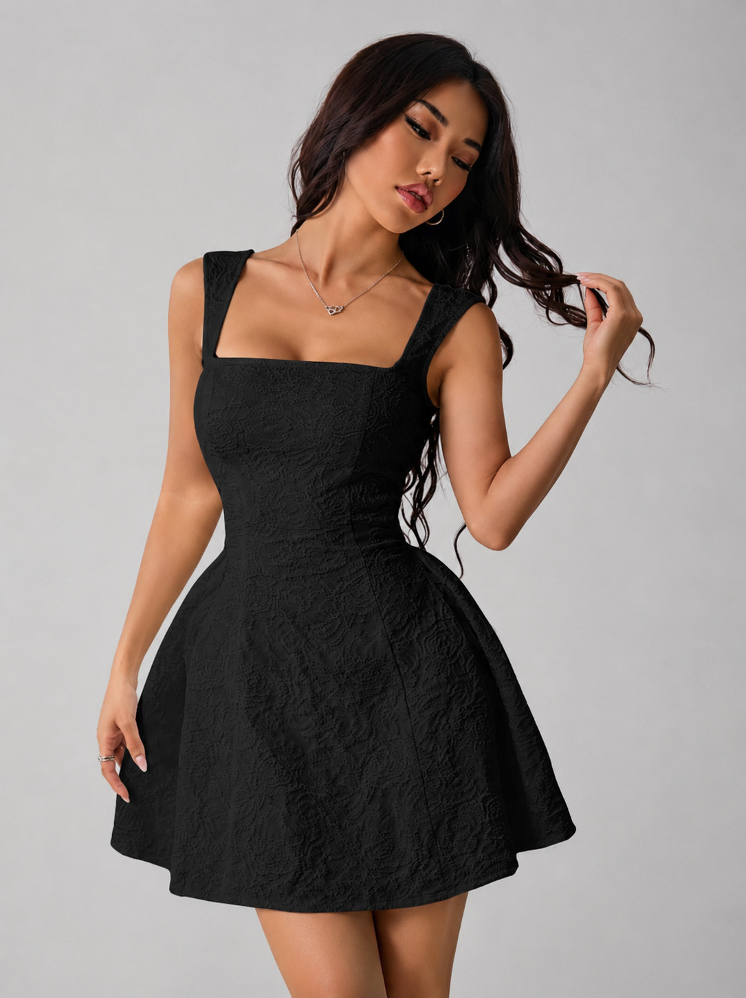 Women’s Sleeveless Square Neck Jacquard Mini Dress Fit & Flare Party Casual A-Li