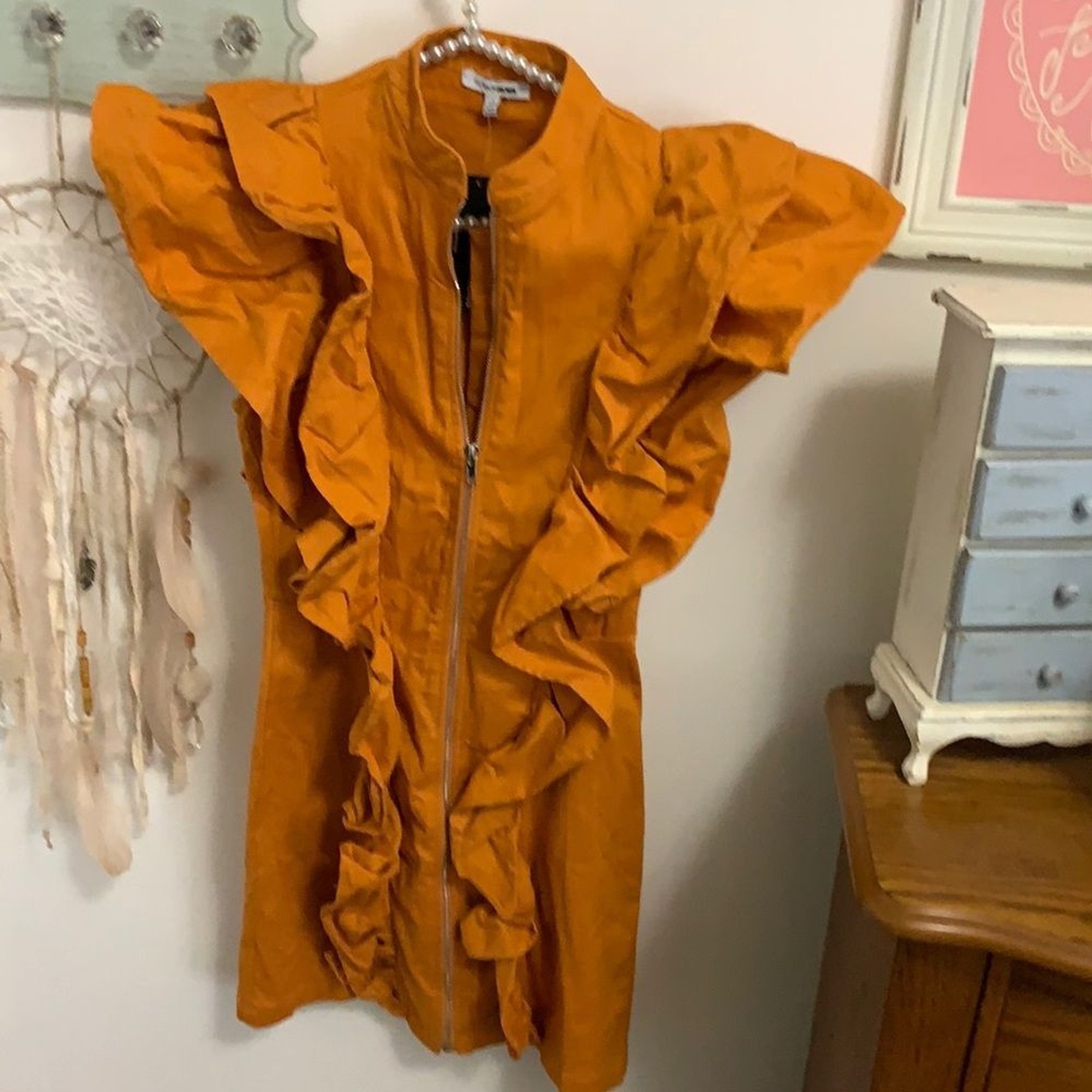 NEW Fashion Nova Dress XS Ruffle Sleeve Zip Front Cotton Mini Mustard Orange