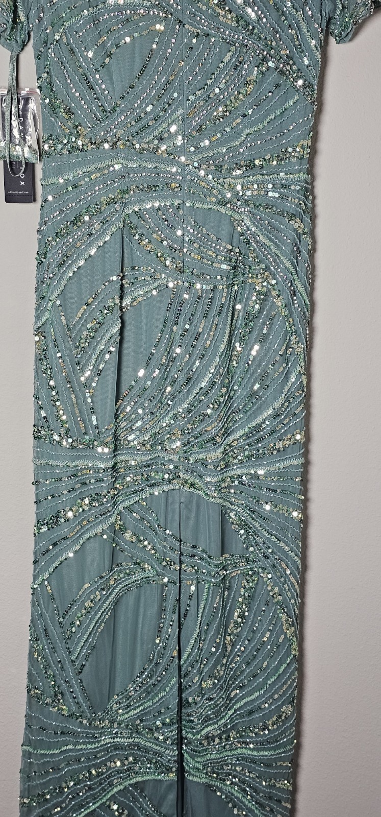 NWT Aidan Mattox Beaded Mesh Short Sleeve Column Gown Sage Green Women’s 12