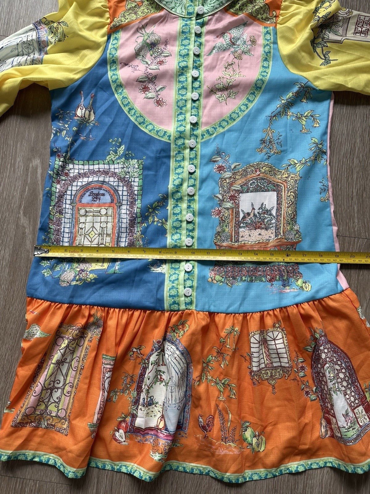 Eclectic Whimsical Botanical and Architectural Motifs Mini Dress Linen Blend NWT