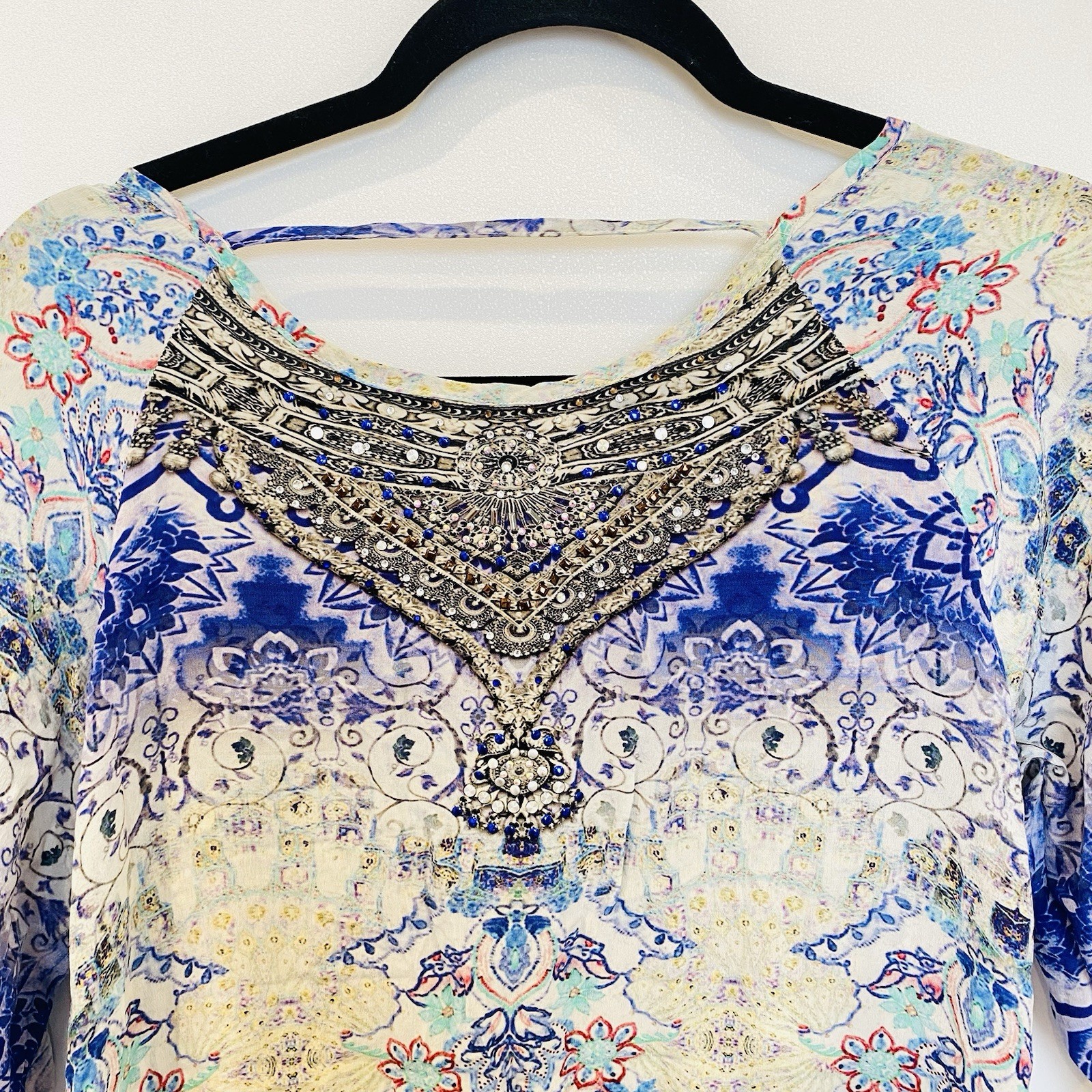 INOA 100% Silk Size 0 Blue Green Jewelled Aztec Patterned Kaftan Dress Boho