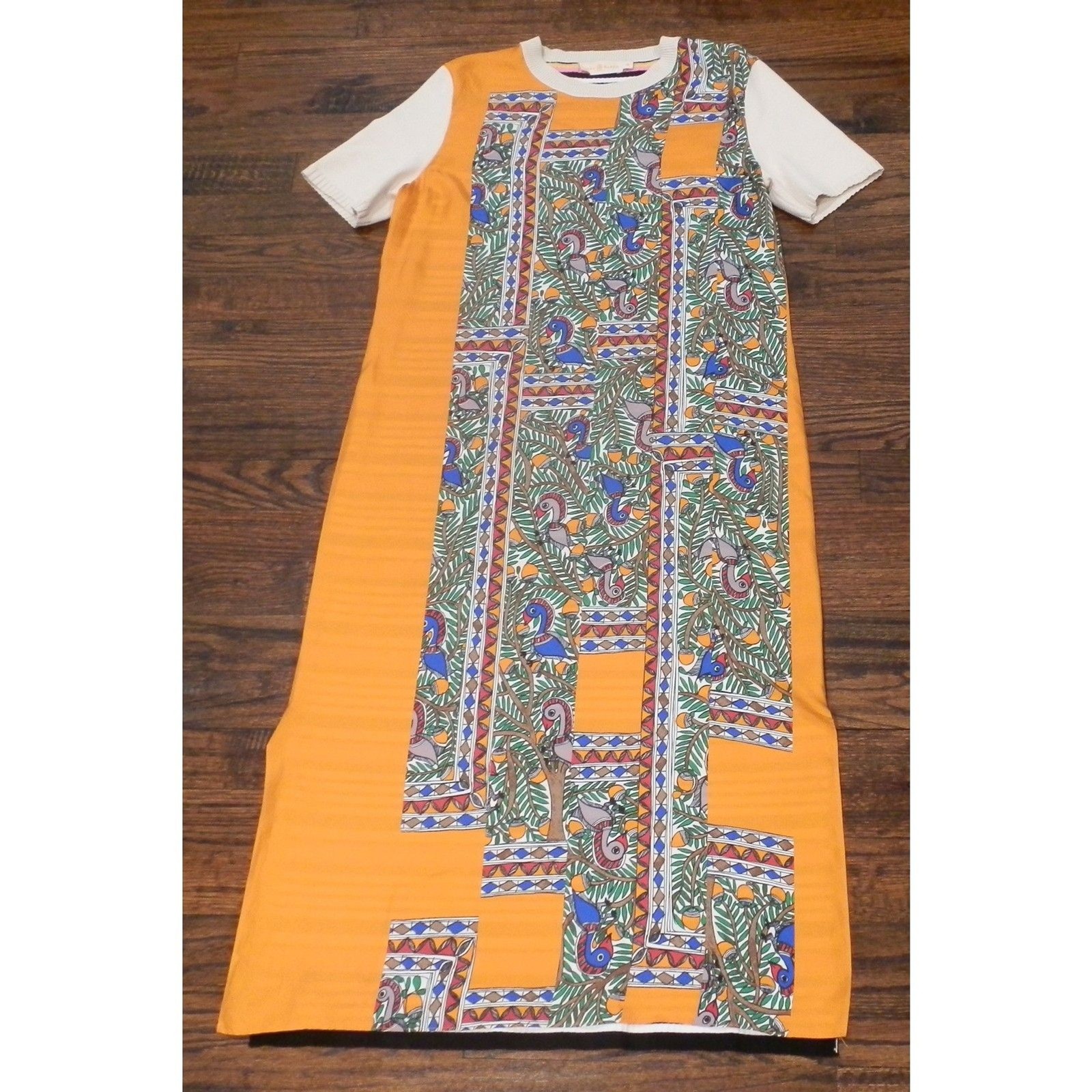 Tory Burch Orange Bird Print Short Sleeve Silk Dress Ribbed Knit Women’s Small