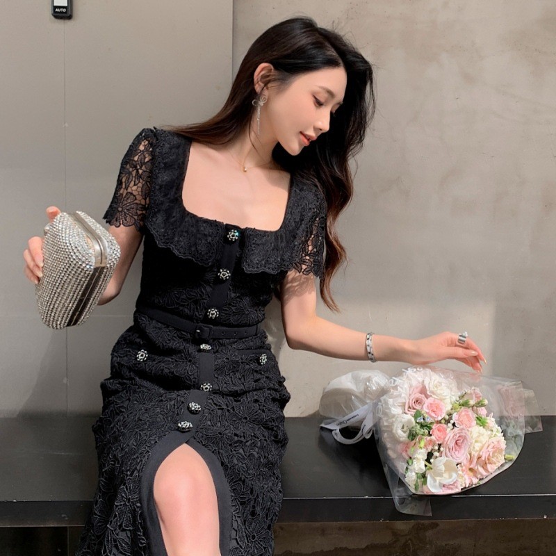 French Style Womens Lace Slim Short Sleeve Square Neck Mid Long Fishtail Dresses