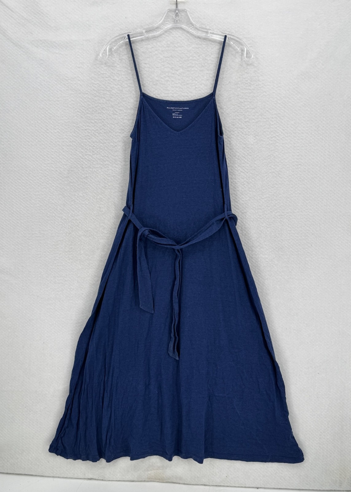 Majestic Filatures Blue Linen Stretch Spaghetti Straps Tie Waist Tank Dress Sz 1