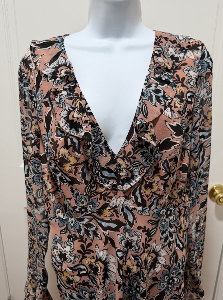 For Love and Lemons Pink Black Floral Long Bell Sleeve Gracie Mini Dress Sz. M
