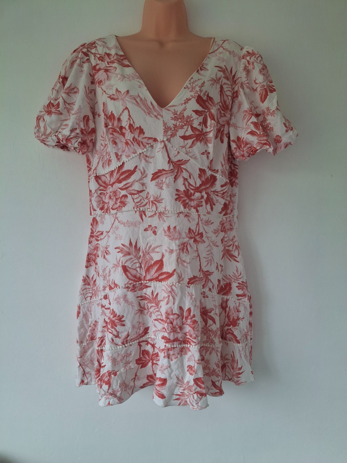 Lipsy Womens Pink Floral Knee length Dress Uk18 Linen Blend V Neck Casual Travel