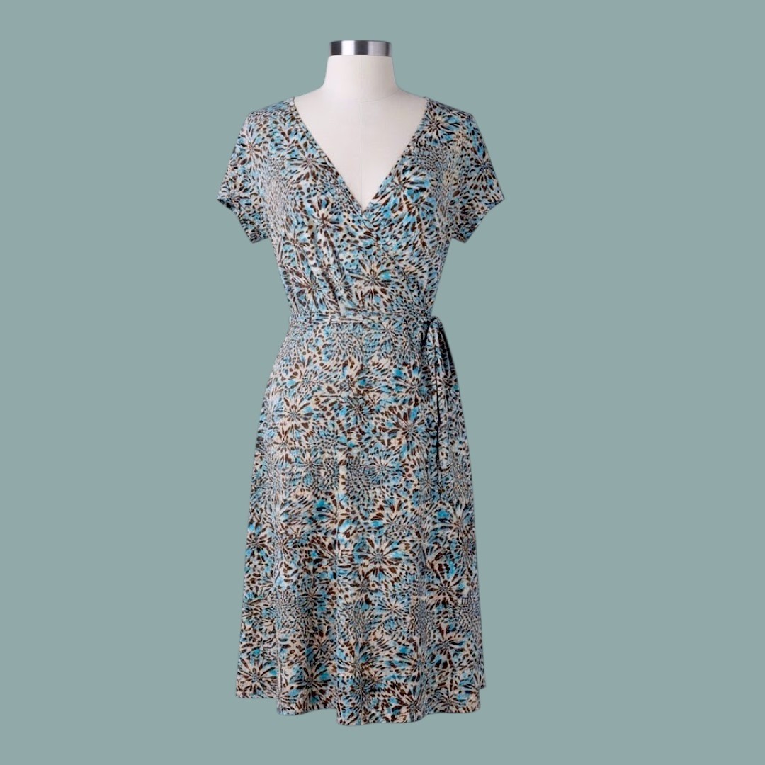Floral Wrap Dress Turquoise Brown Blue Cap Sleeve Vintage MED Stretchy