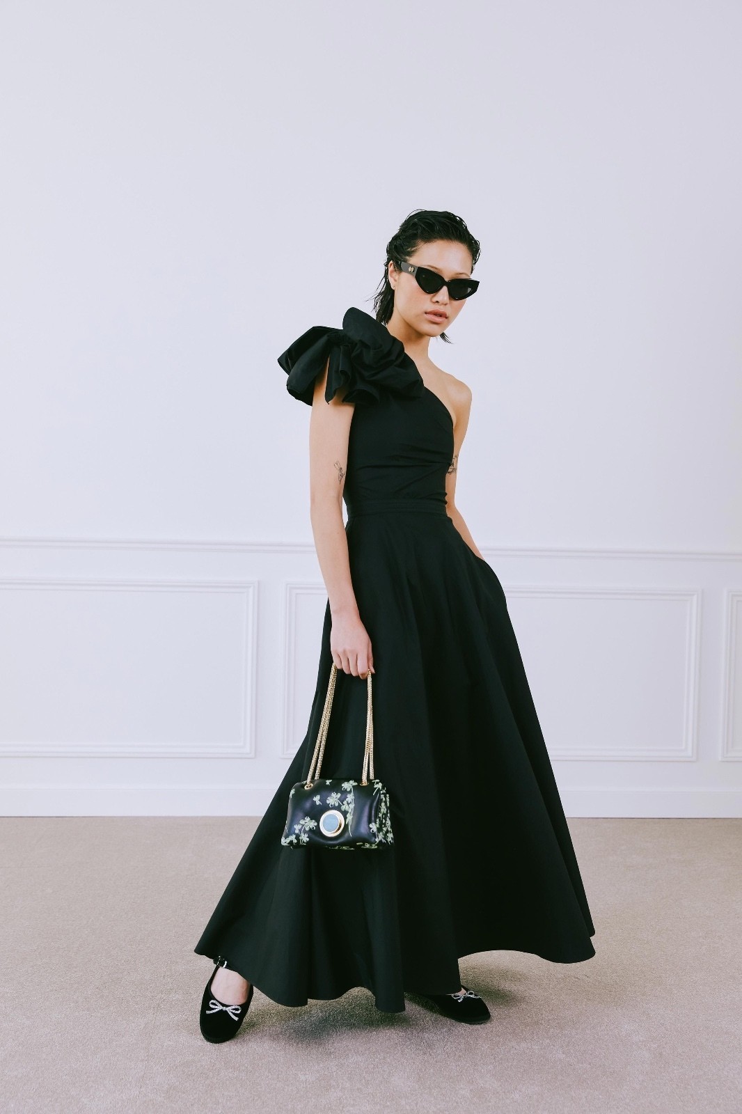 Giambattista Valli Black One-Shoulder Bow Cotton Poplin Maxi Dress NWT IT 46