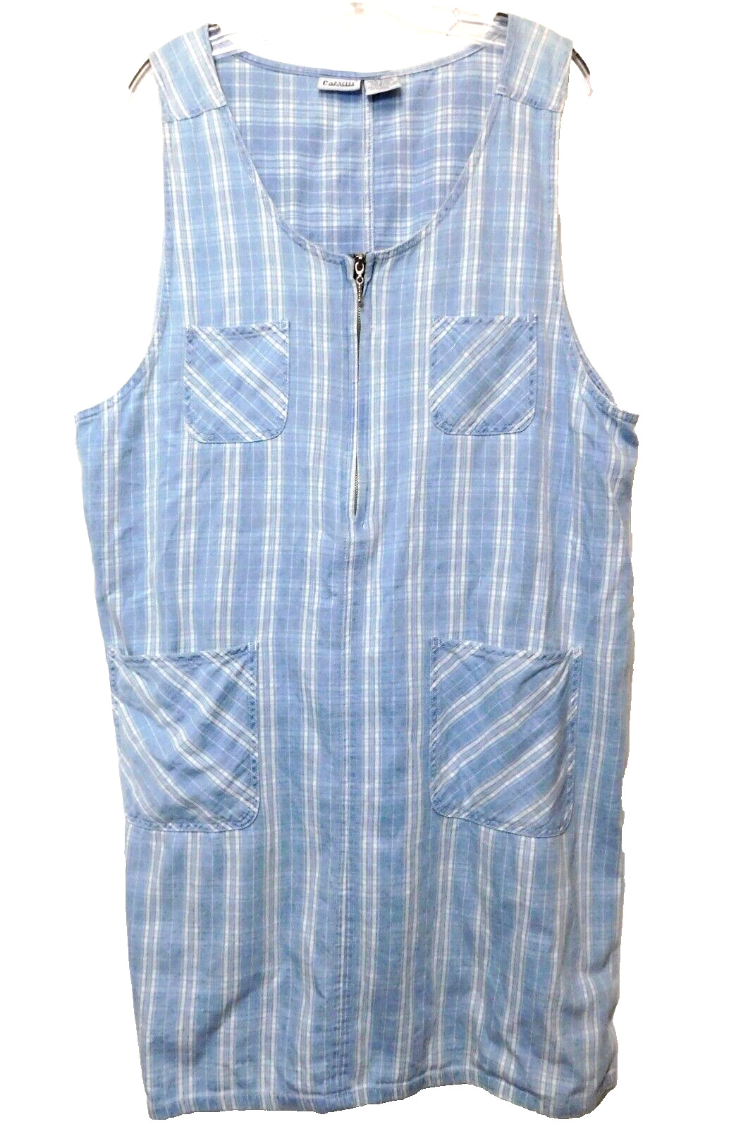 Capacity Woman Denim Jean Zip Front Jumper 1X Sleeveless Dress Cotton Blue Plaid