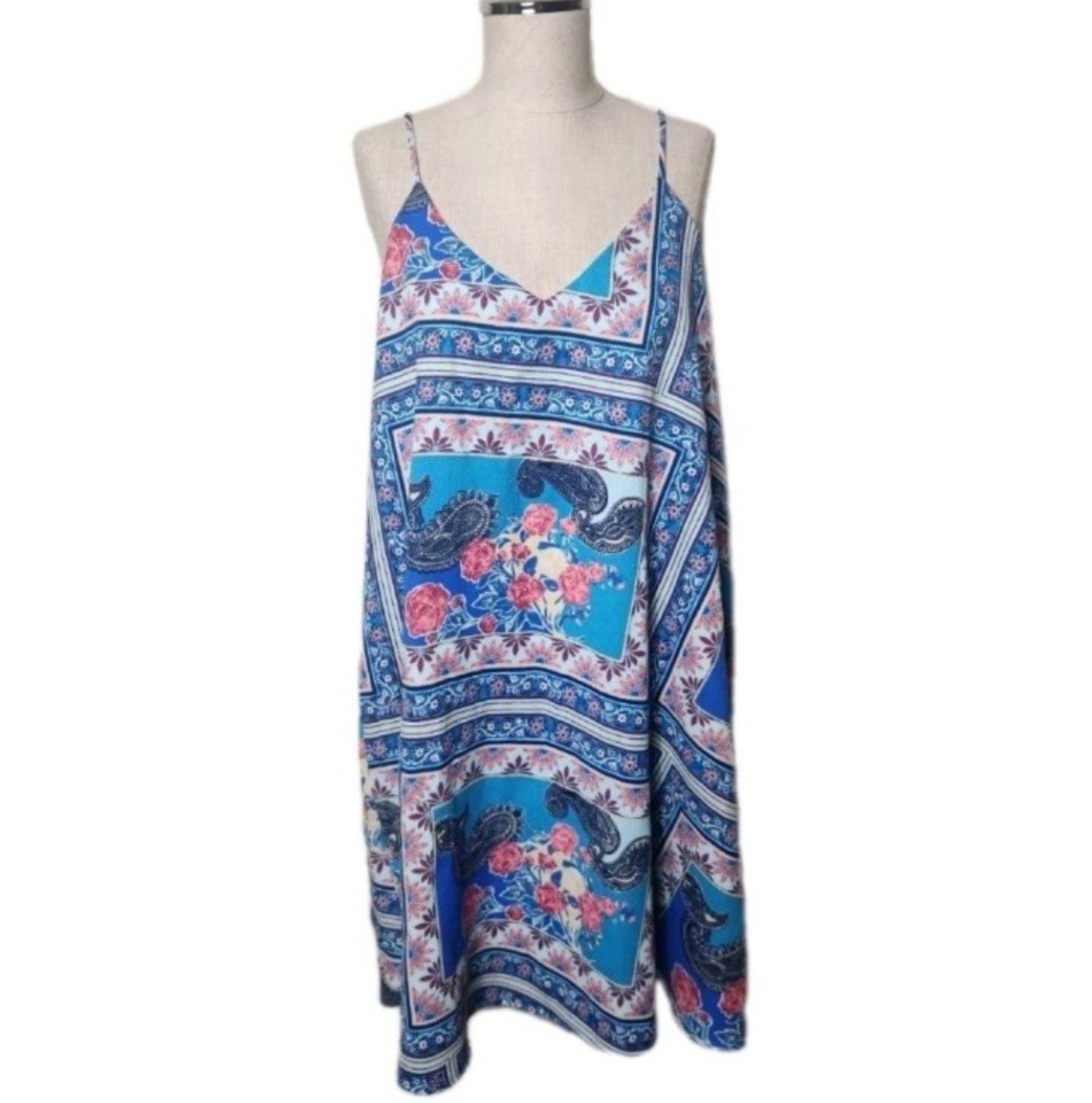 Bo Bel Women’s Floral Paisley Spaghetti Strap Shift Dress Size Large Boho Y2K