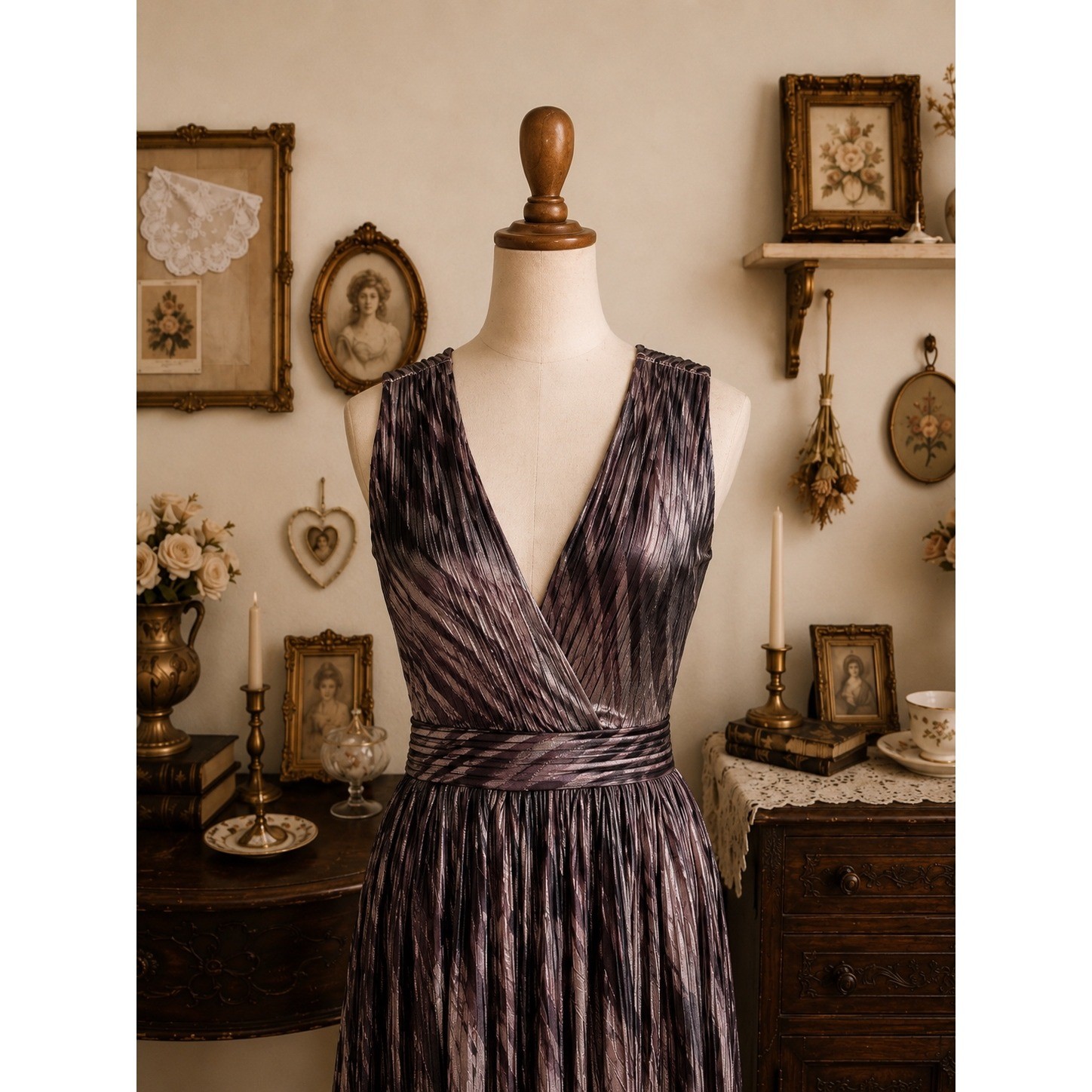 NWT BCBGMAXAZRIA Metallic Pleated Midi Dress Purple Shimmer Cocktail Party XS