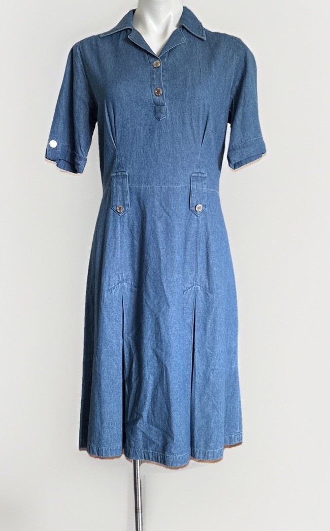 Vintage Denim Midi Dress Size 12 Twee Coastal 1/2 Sleeve Inverted Pleats Collar