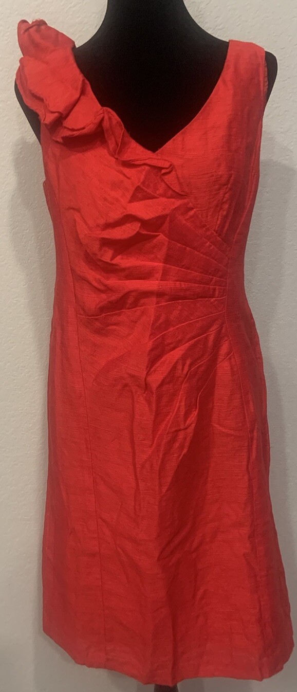 Nanette Lepore Sheath Dress Women Sz 10 Red Ruffles V-Neck Larkspur Cotton Linen