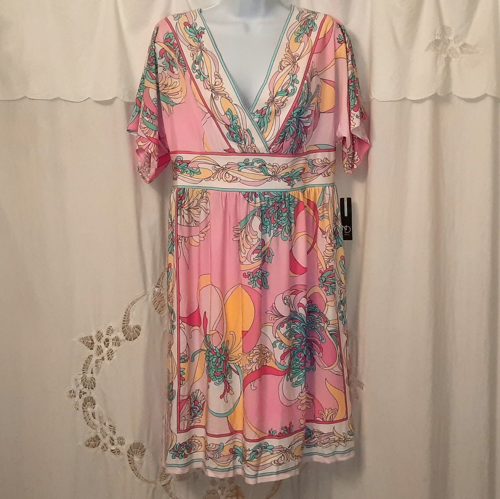 New Directions Surplice Dress Womens 12 Hidden Side Pockets Floral V Neck & Back