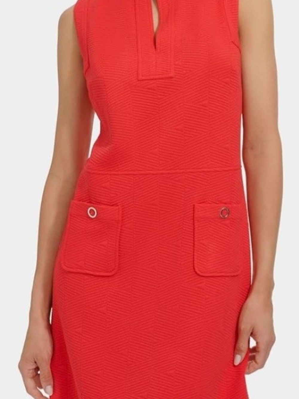 Tommy Hilfiger Sleeveless Split Neck Red Jacquard Knit Pocket Shift Dress Size 4