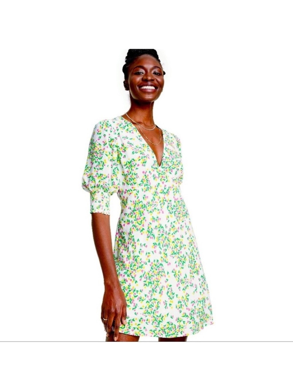 RIXO for Target Floral Puff Sleeve Mini Dress Cream Green Pink Size 0