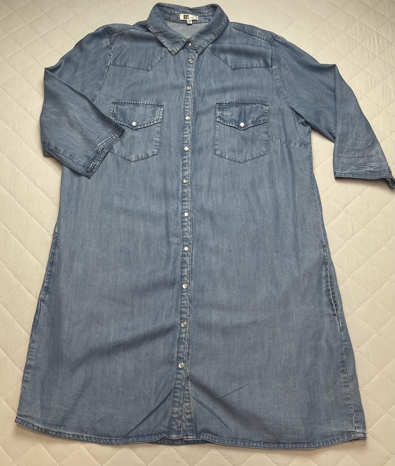 KUT From The Kloth Dress Womens XL Blue Chambray Knee Length Snap Front Pockets