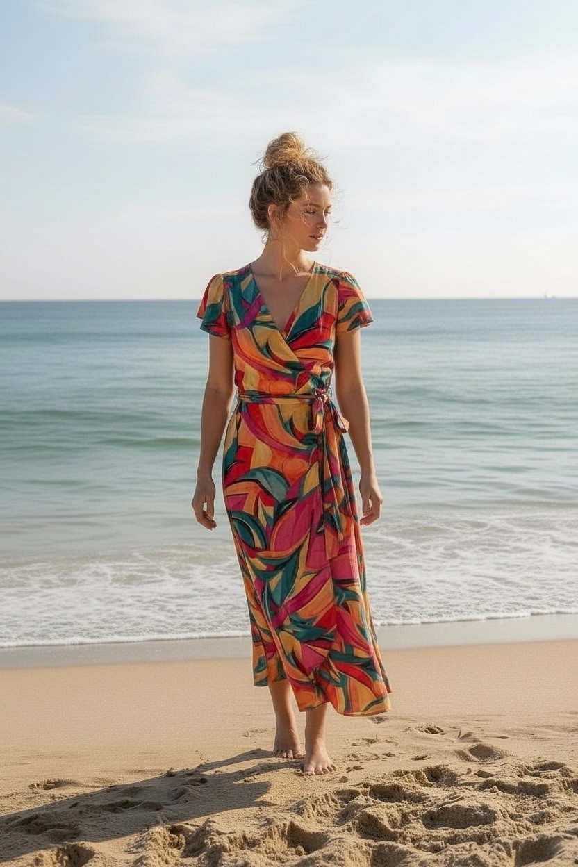 Nicole Miller colorful flutter sleeve ruffle wrap midi dress artsy 90s sz M