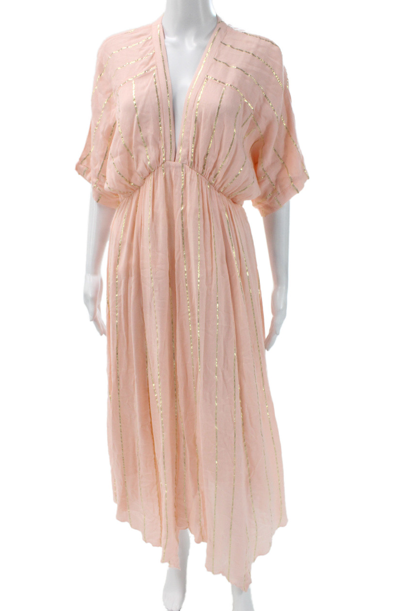 En Creme Womens Metallic Pink Striped V-Neck Maxi Dress Short Sleeve Size S
