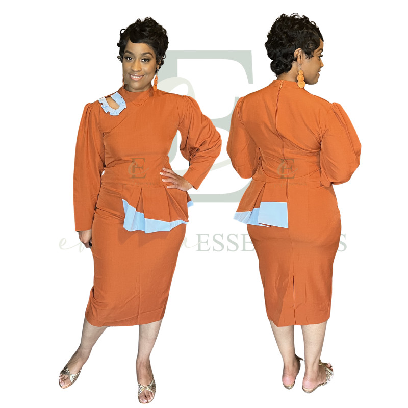 Autumn Crest – Peplum Waist, Midi Length, Crepe Polyester (UK 18 / US L-XL)
