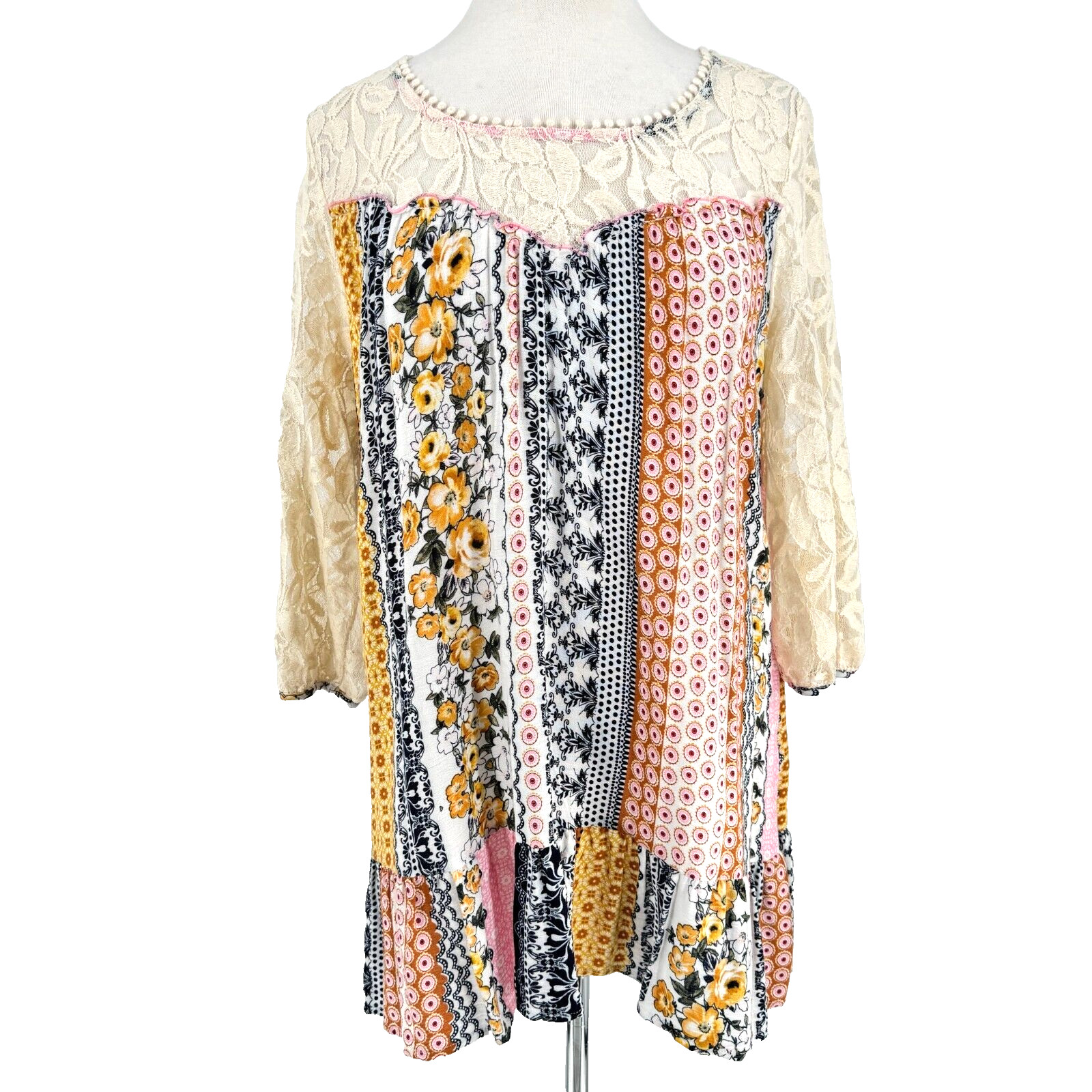 Tunic Top Mini Dress Medium Embroidered Bodice Ruffle Hem Cottagecore Coquette