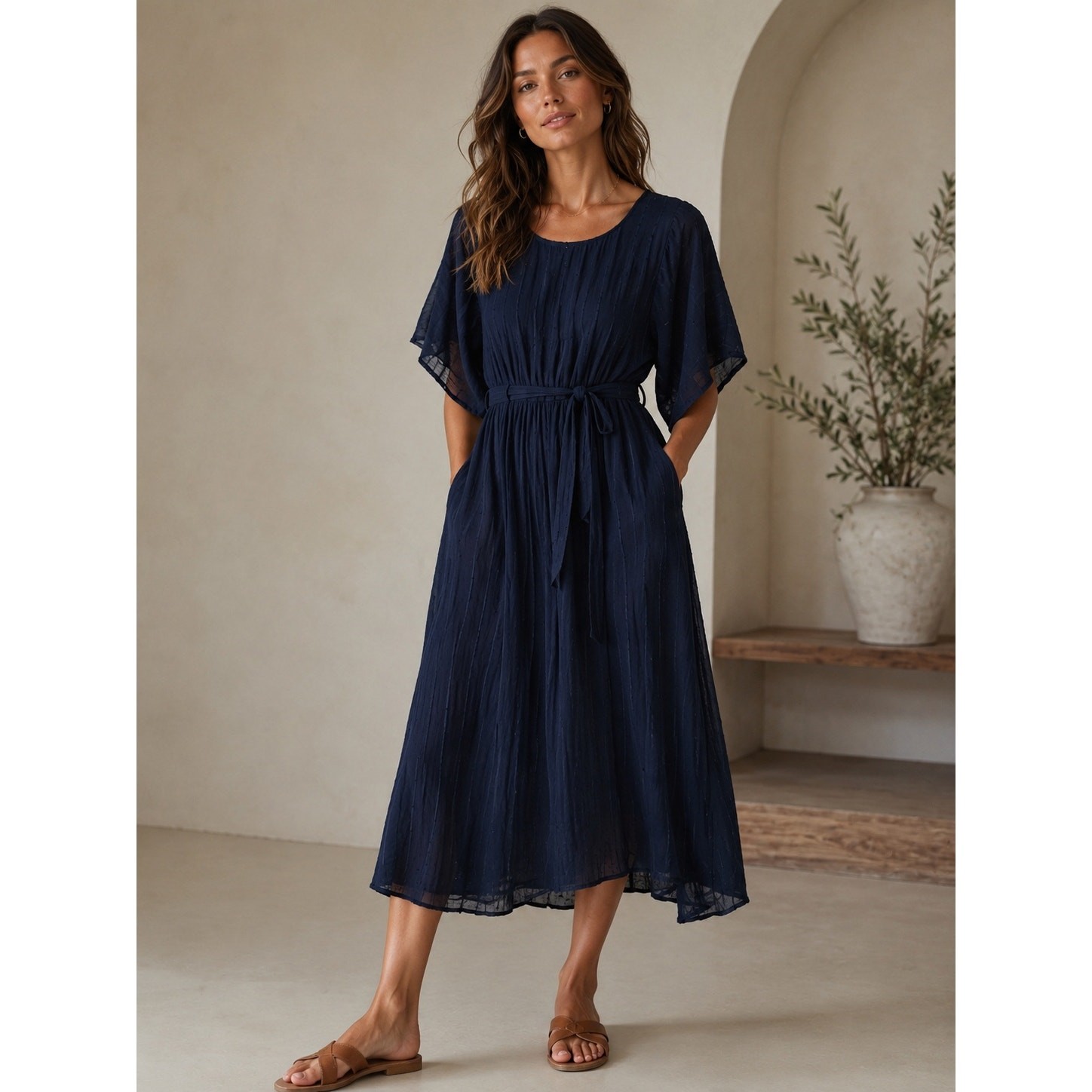 India Collection by Emerson Fry Organic Cotton Belted Midi Dress Navy Small