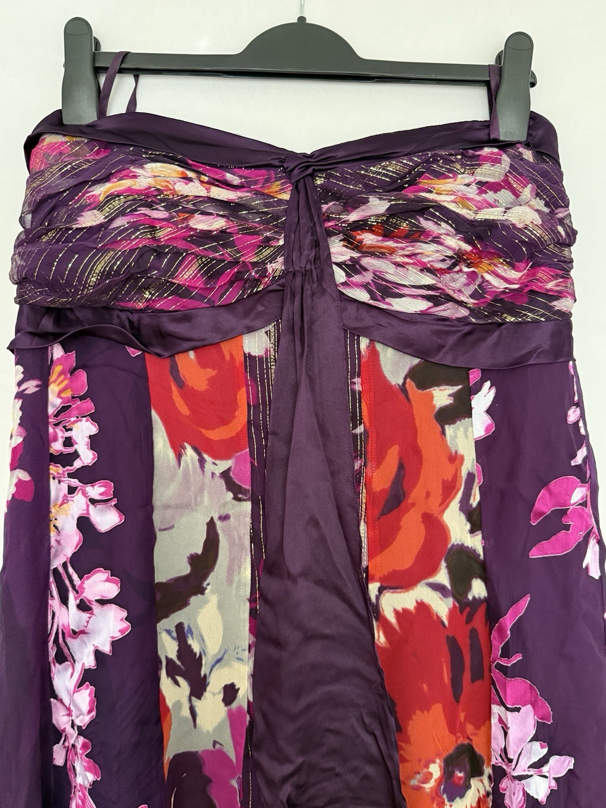 Monsoon Silk Blend Floral Strapless Tiered Maxi Dress Purple Pink Gold Size 18