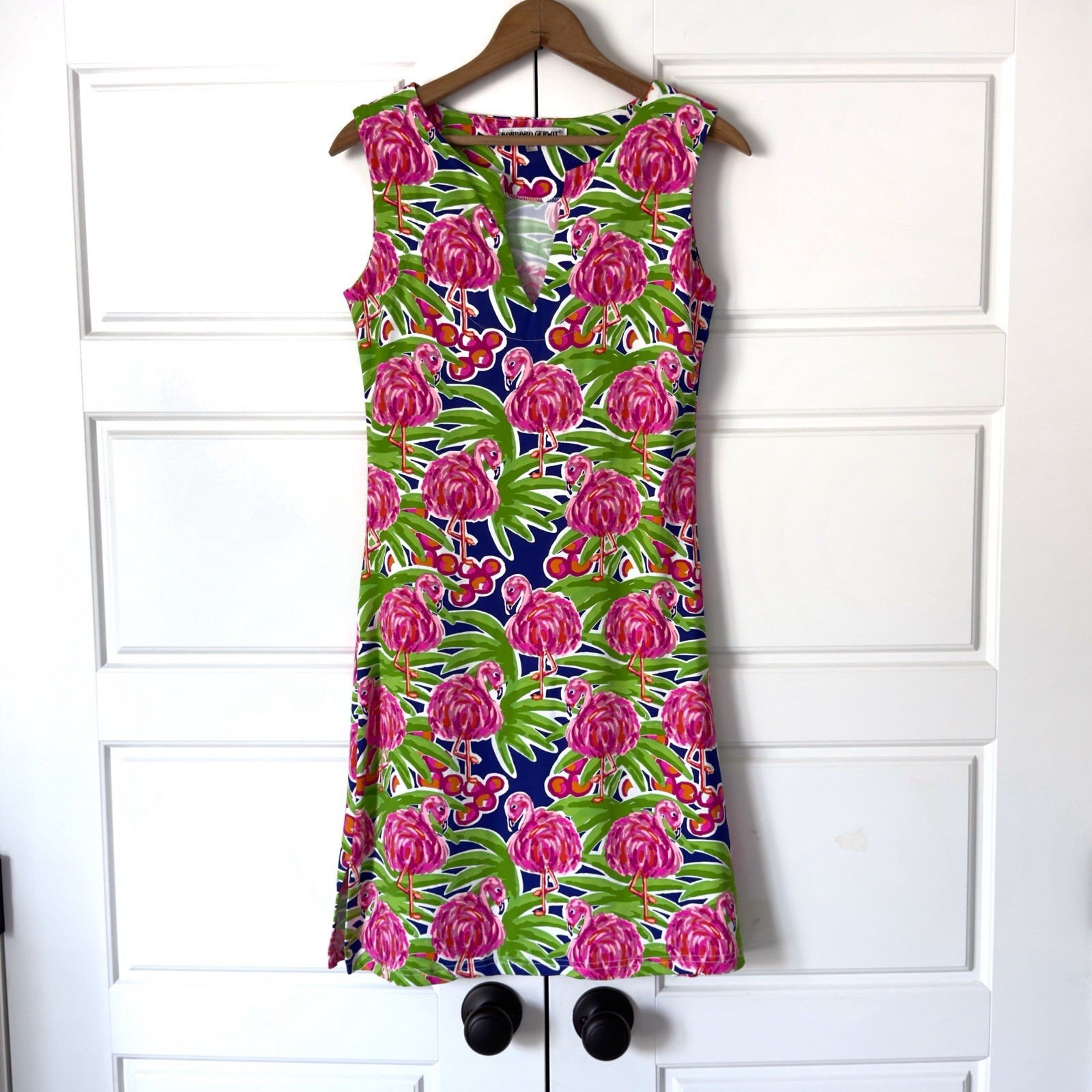 Barbara Gerwit Tropical Flamingo Dress Womens XS Pink Green Vibrant Resortwear
