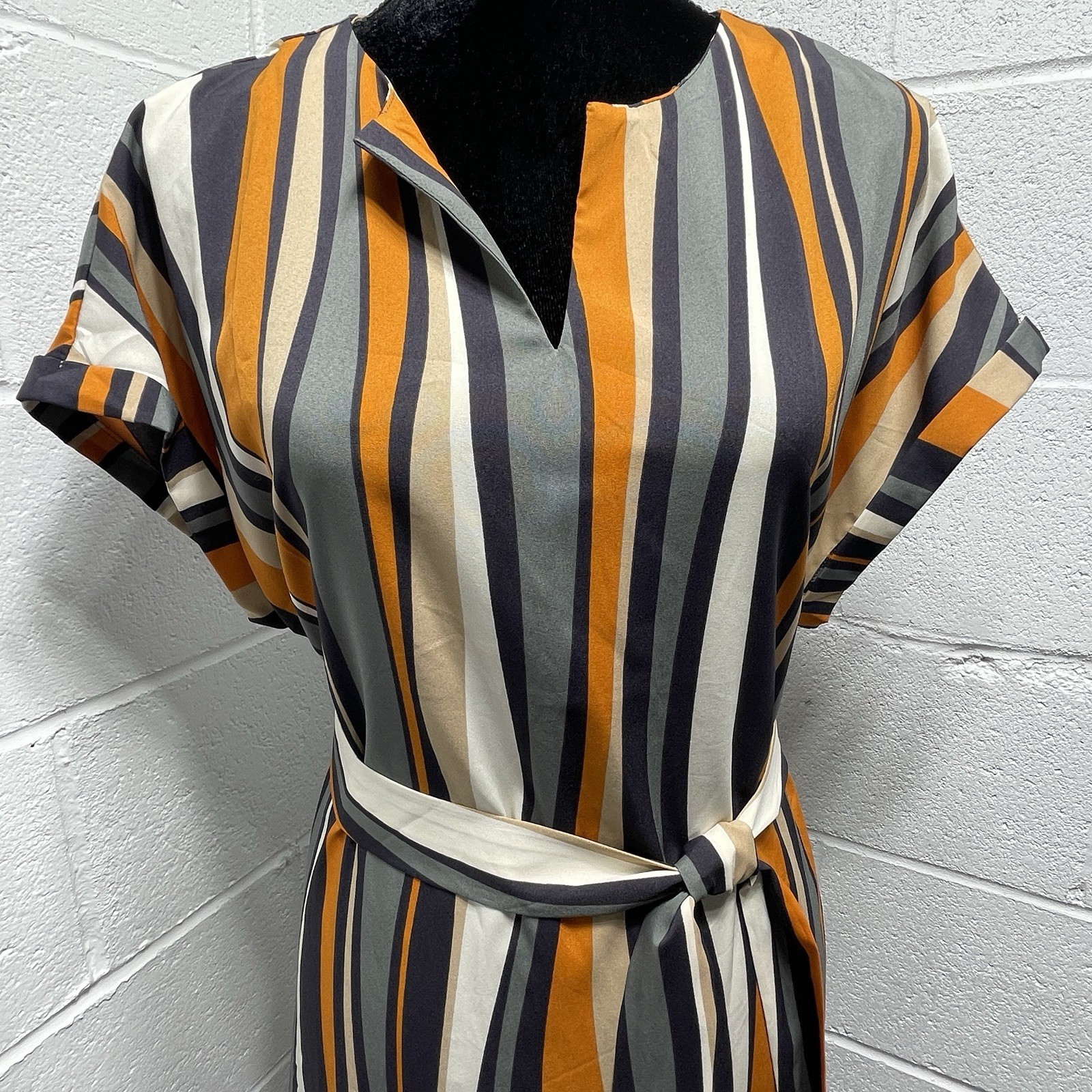 Emery Rose Notch Neck Striped Colorblock Belted Dress Sz Large