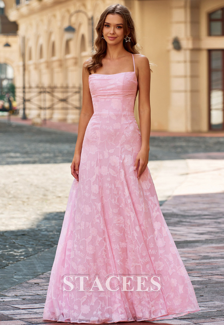 Stacees Floral Jacquard A-Line Maxi Prom Dress w/LaceUp Xcross Back, Size 4