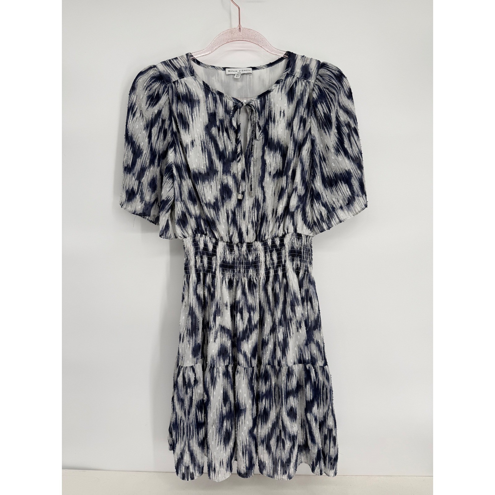 Maison Di Amelie Paris Black White Tiered Midi Dress Flutter Sleeve Tie Sz S