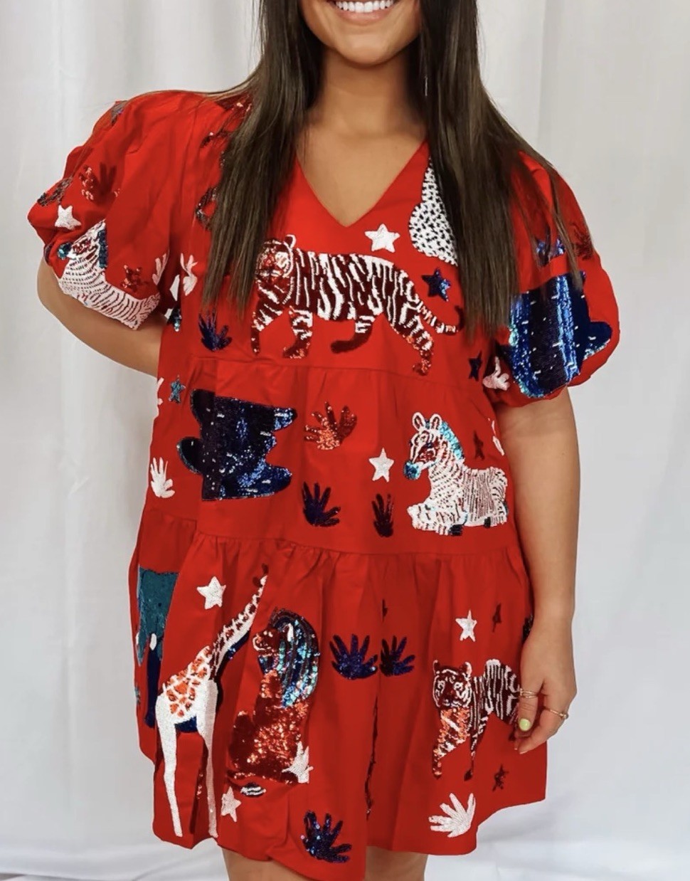 Queen of sparkles XL red sequined safari animal tiered mini puff dress wild rare