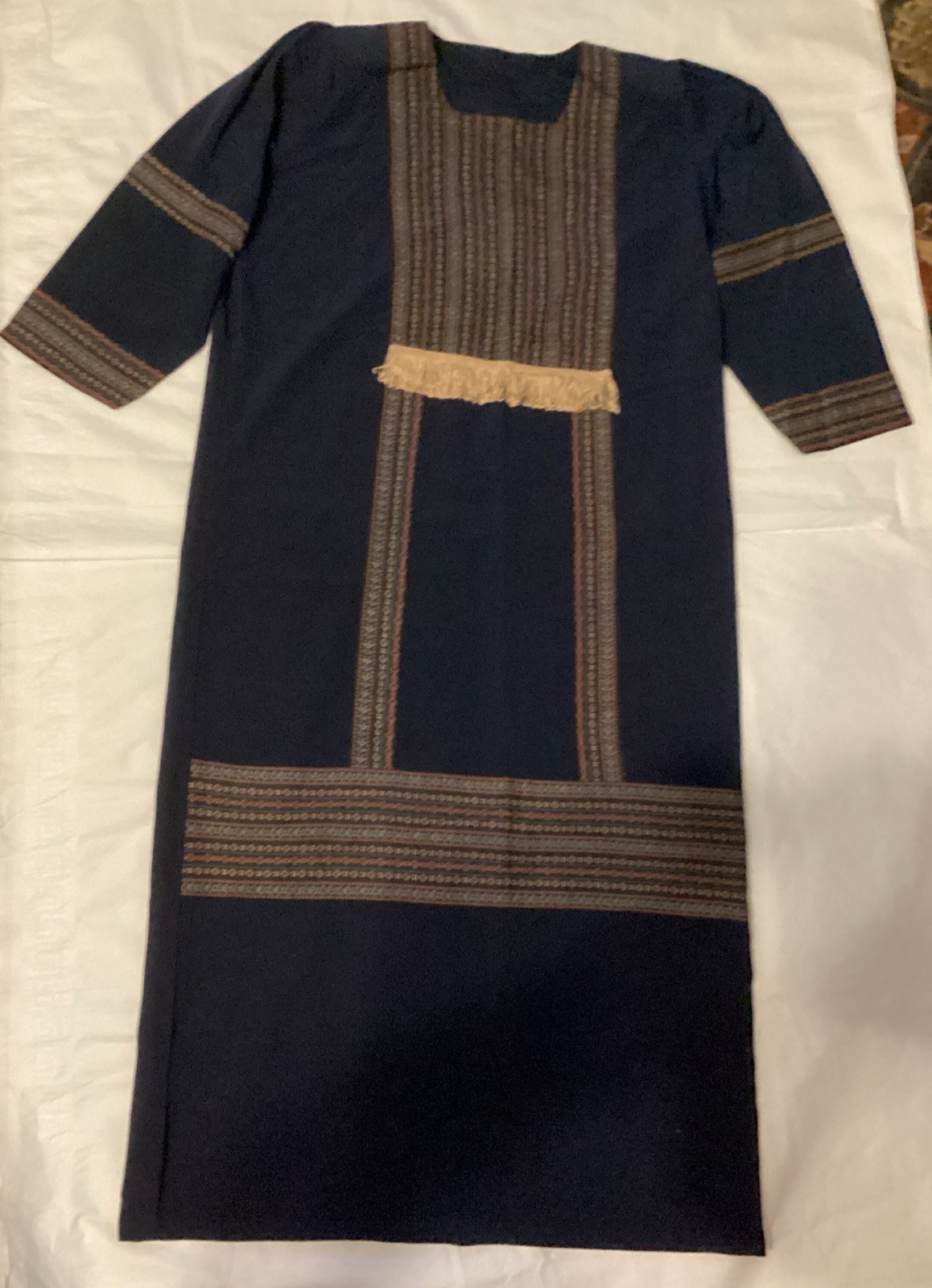 Egyptian Women’s Long Dress, Black, Faux Embroidery Trim, Gold Fringe From Cairo