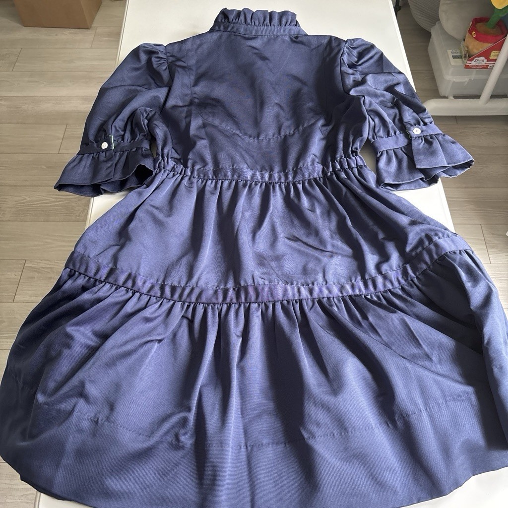 Gretchen Scott Blue Solid V-Neck Ruffle Puff Sleeve A-Line Knee Dress Size S