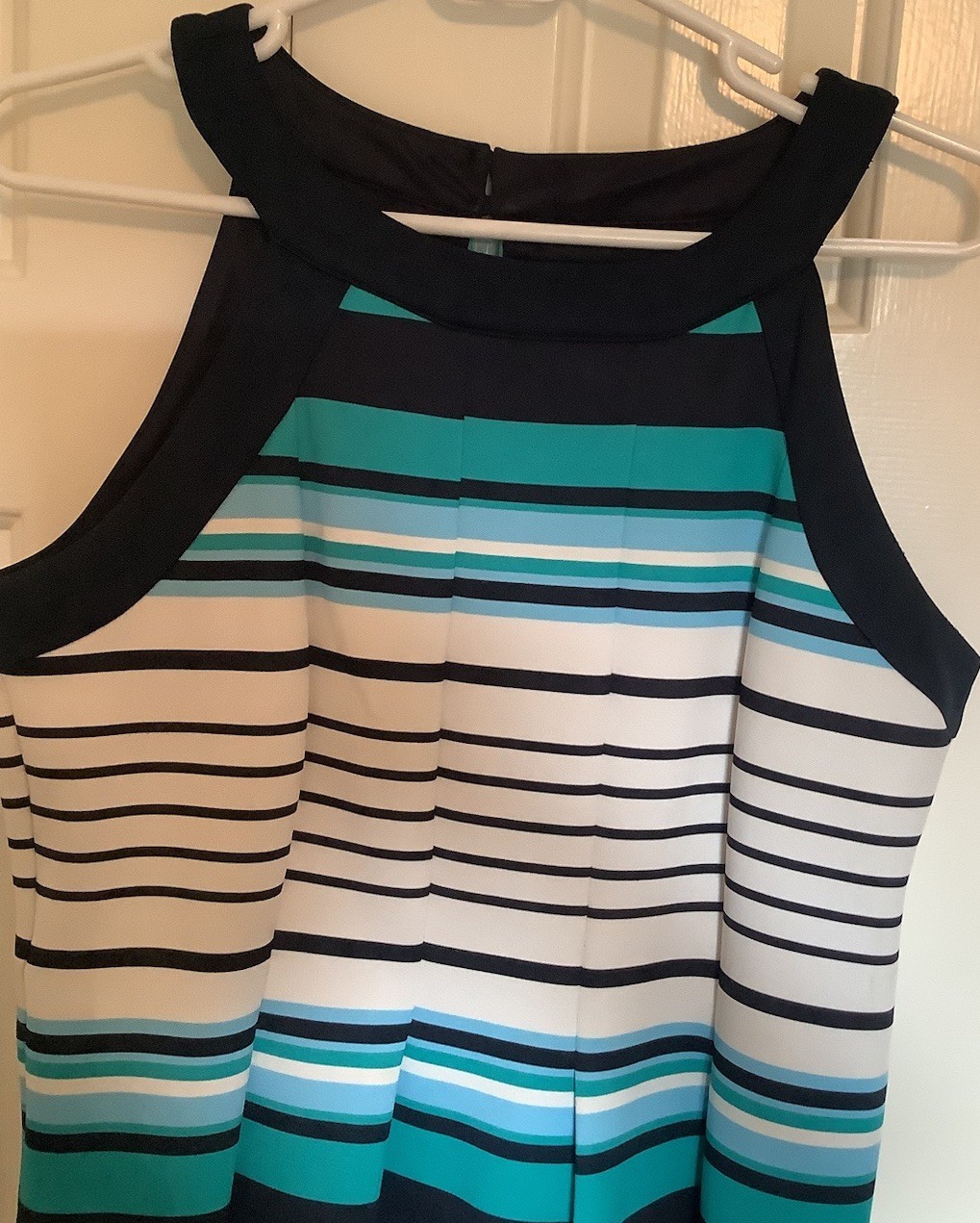 Enfocus Studio Ladies Navy, White, Teal Stripe Sleeveless Dress, Sz 10