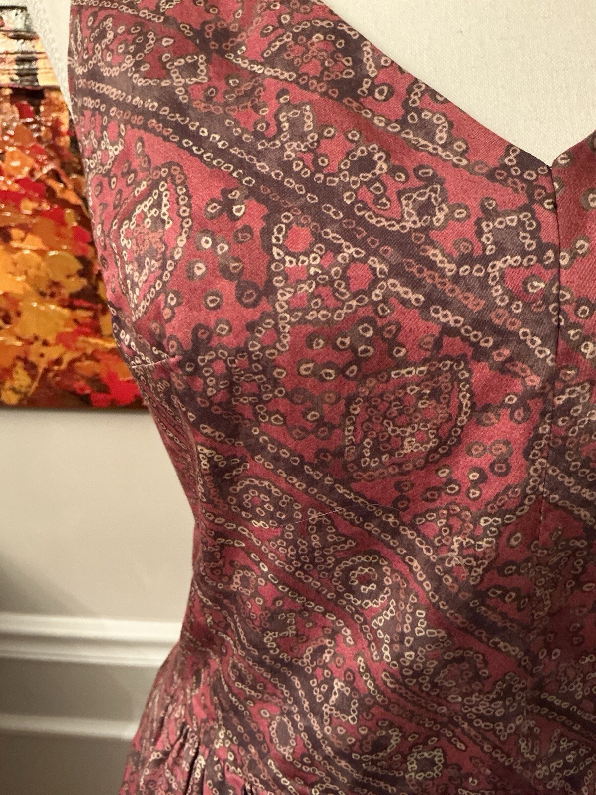 Peruvian Connection Dress Red Brown Pattern Midi Size Small Tie Bow Sash Cotton