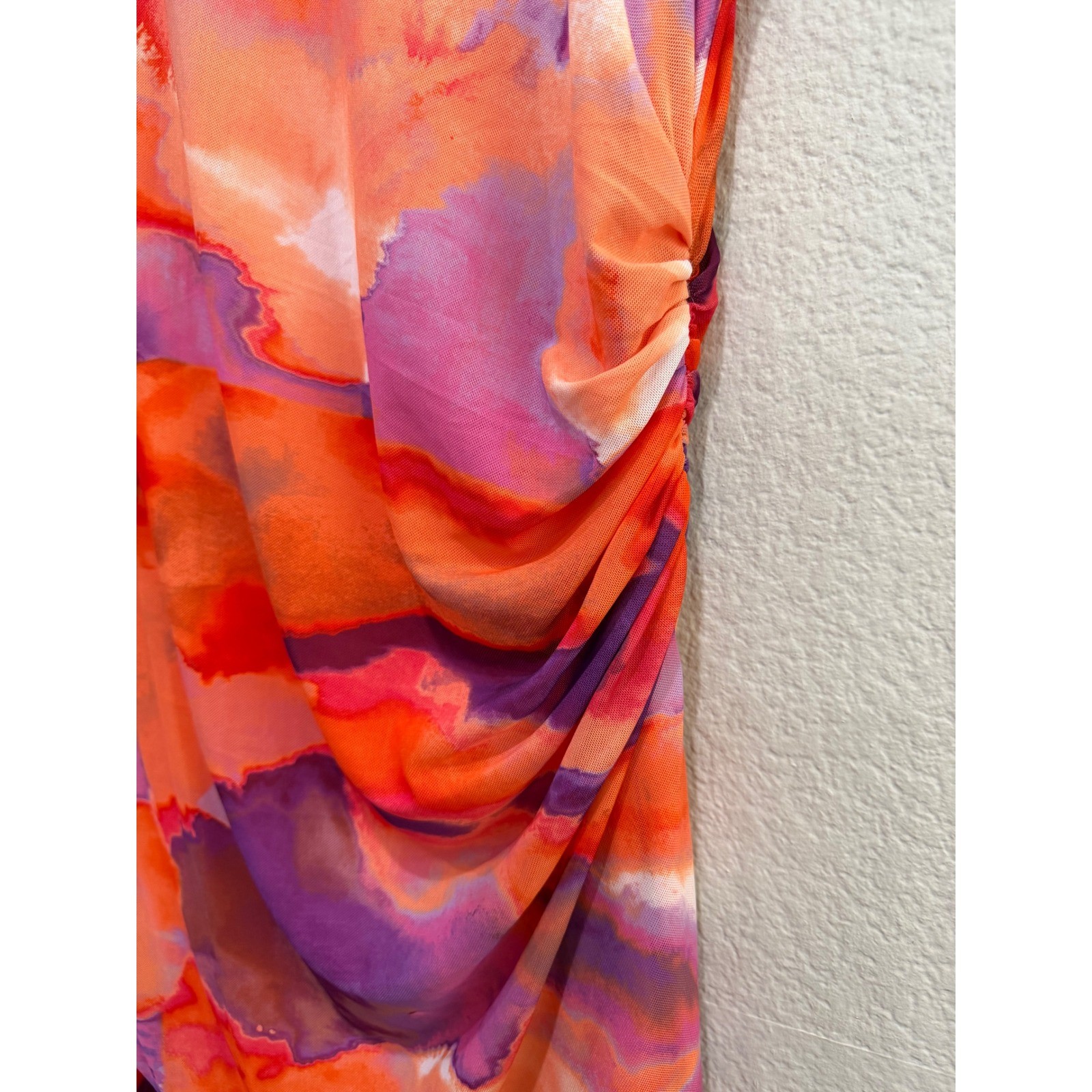 Rachel Roy Ruffle Mini Dress Multicolor XL Watercolor Mesh Ruched Asymmetrical