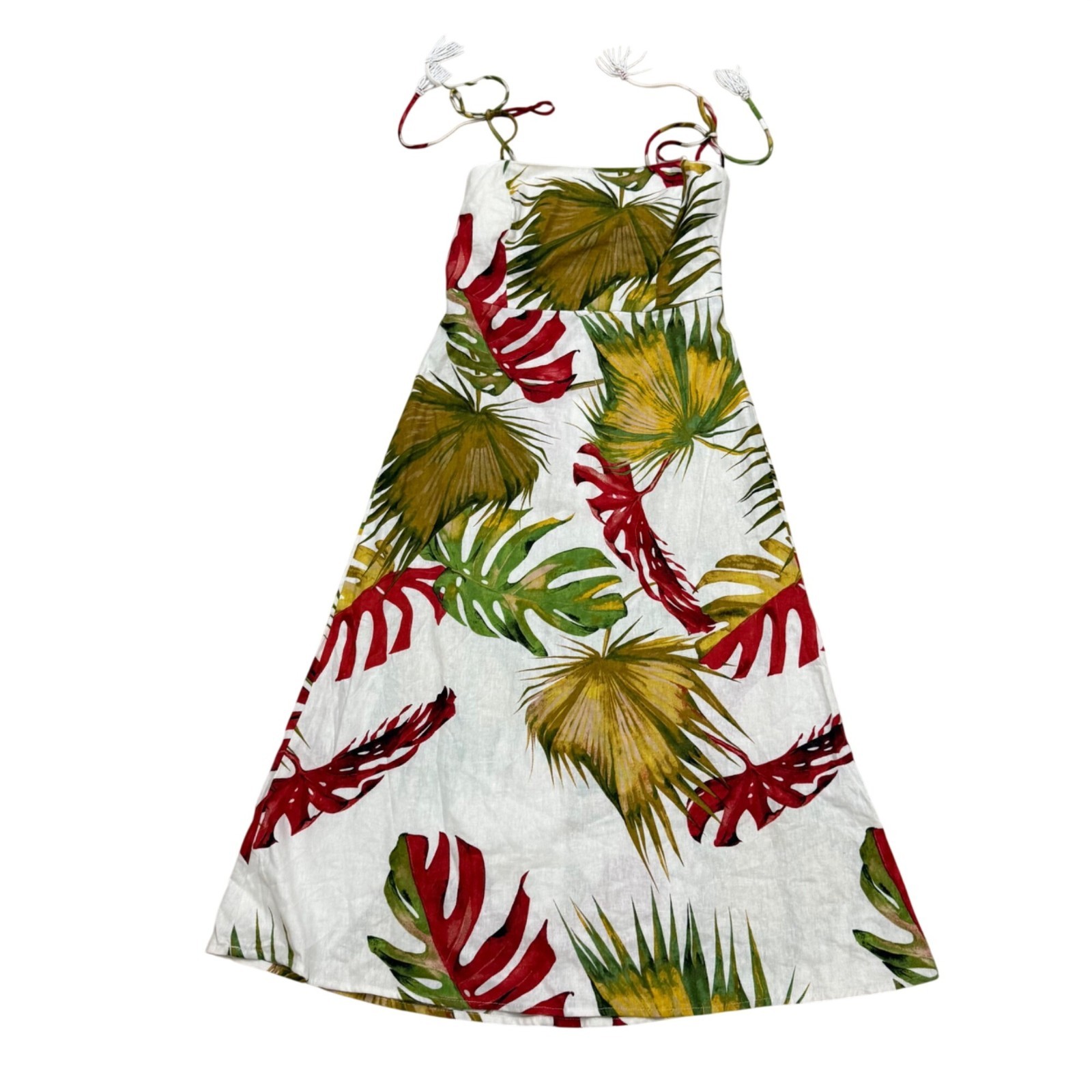 Tropical Leaf Print Maxi Dress With Beaded Tassel Straps Sleeveless Lightweight