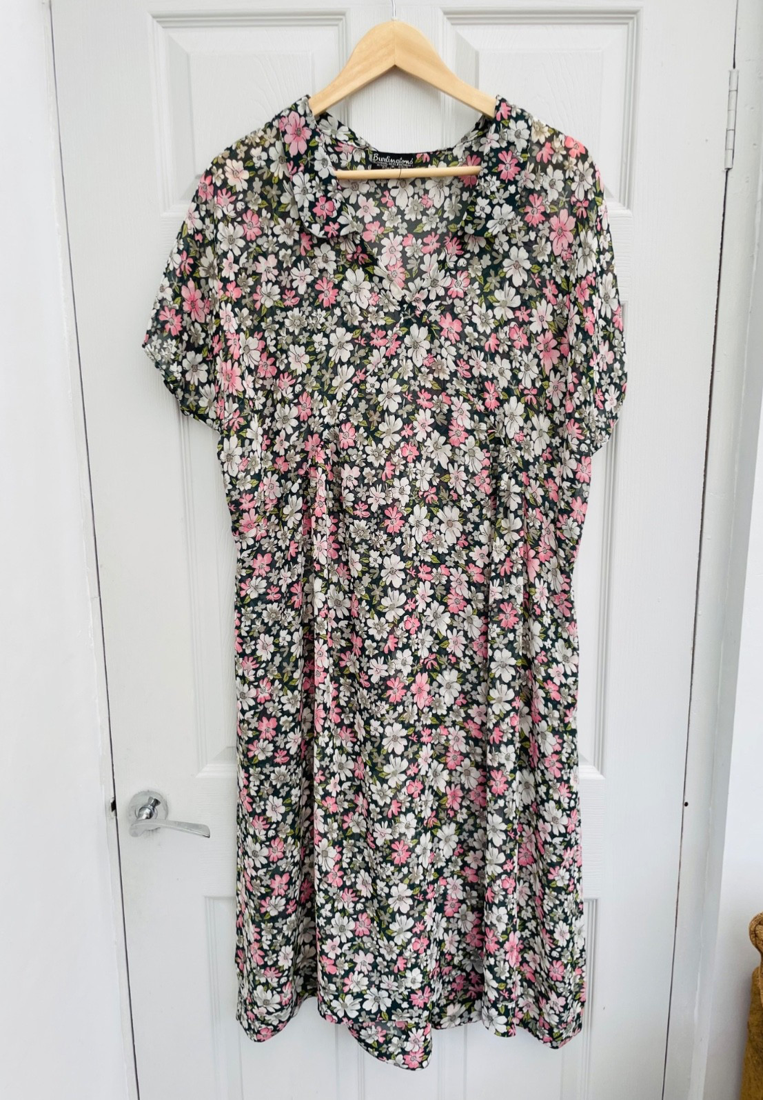 BURLINGTONS’ 100% Silk Dark Green & Pink Floral Midi Tea Dress Sz 18 Mint