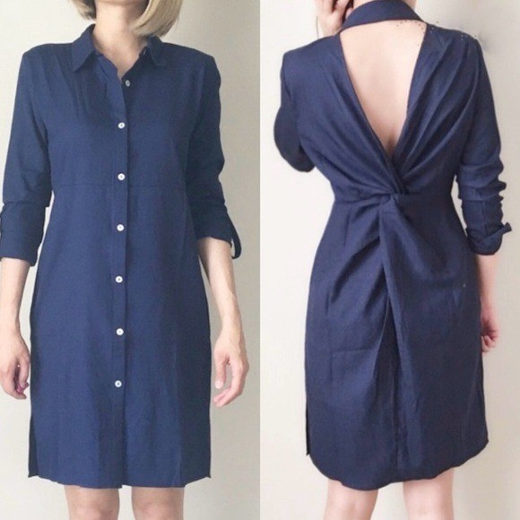 Very J Navy Blue Button Down Shirt Dress Open Twist Back Roll Tab Sleeve NWT M