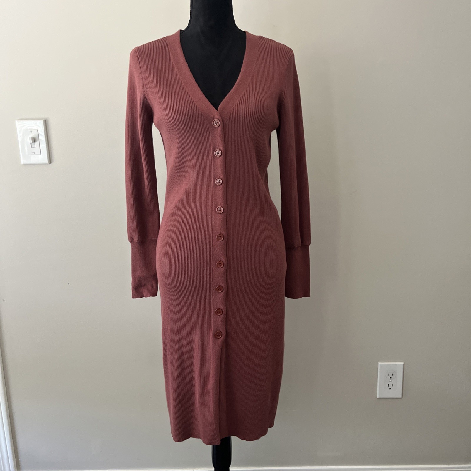 Lulus I Adore You Rusty Rose Long Sleeve Button-up Midi Ribbed Sweater Dress M