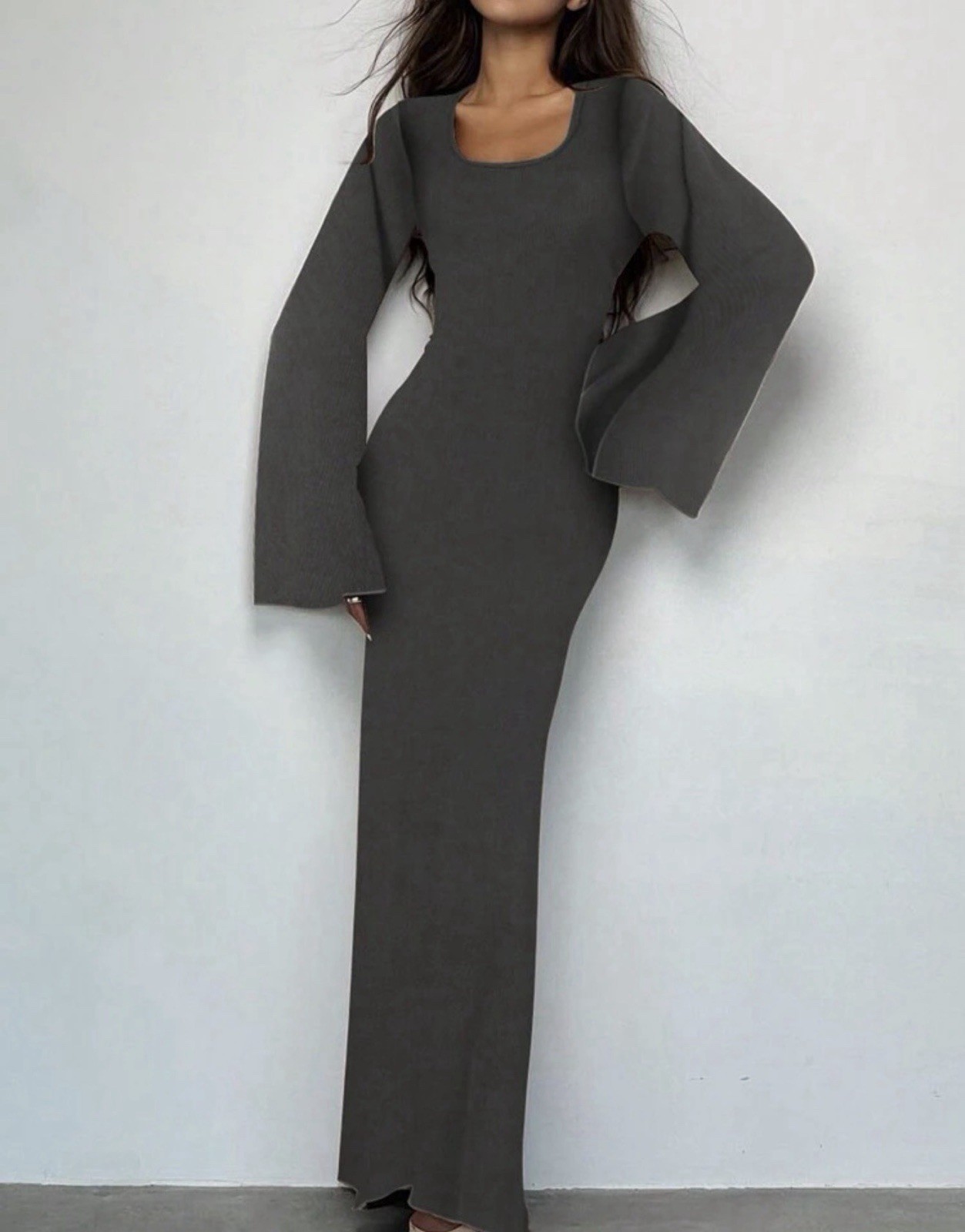 Slim Fit Dress With Bell Sleeves Maxi Gray Dress