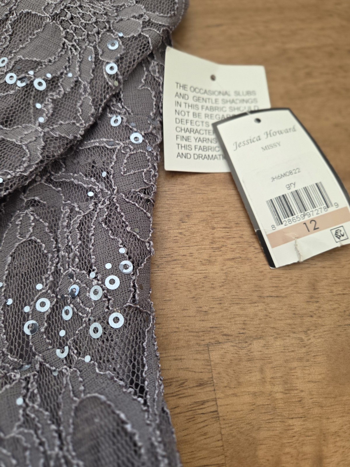 Jessica Howard Gray Lace Sequence Midi Dress Size 12 3/4 Sleeve Beaded Neck…